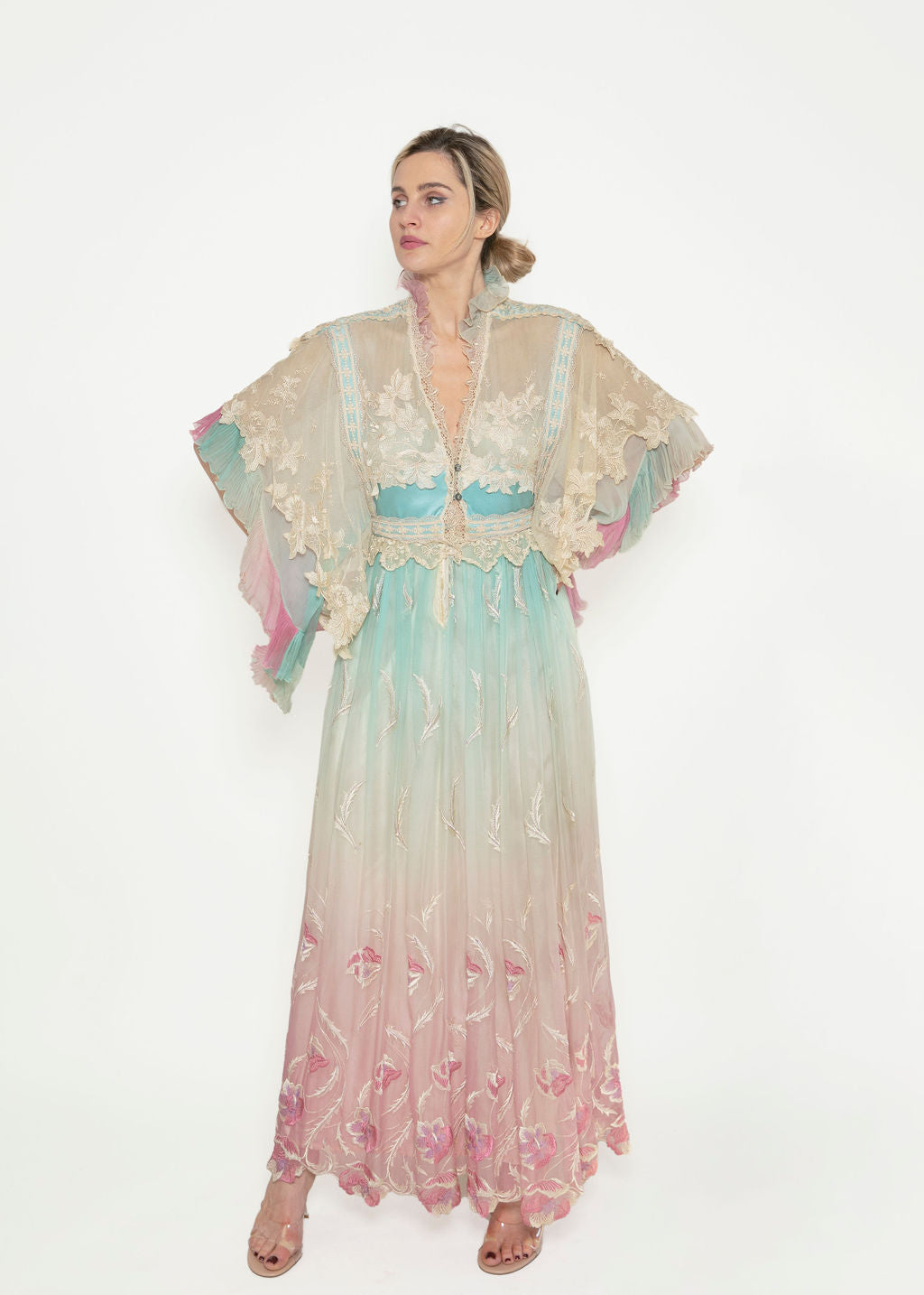 1970's Saks Fifth Ave Angel Sleeve Embroidered Dress