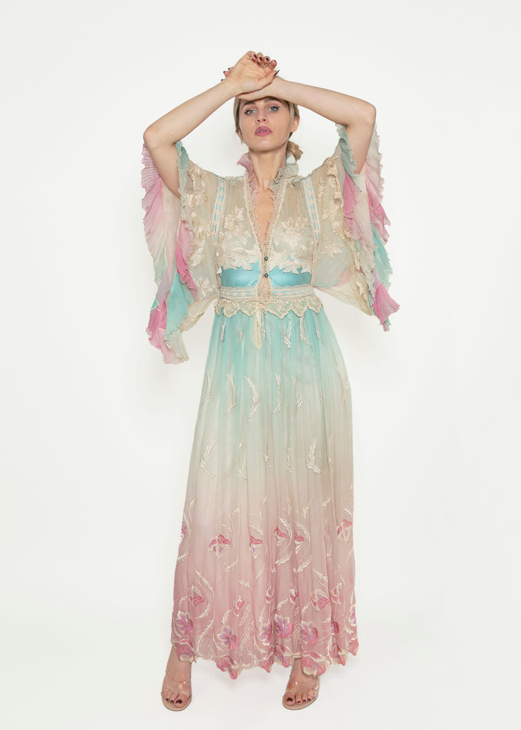 1970's Saks Fifth Ave Angel Sleeve Embroidered Dress