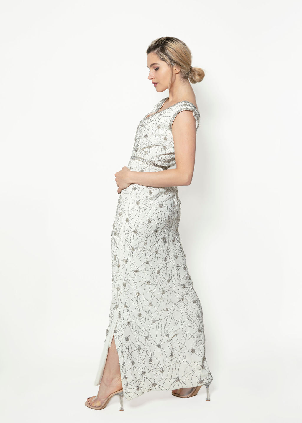 1960's White Beaded V Neck Gown