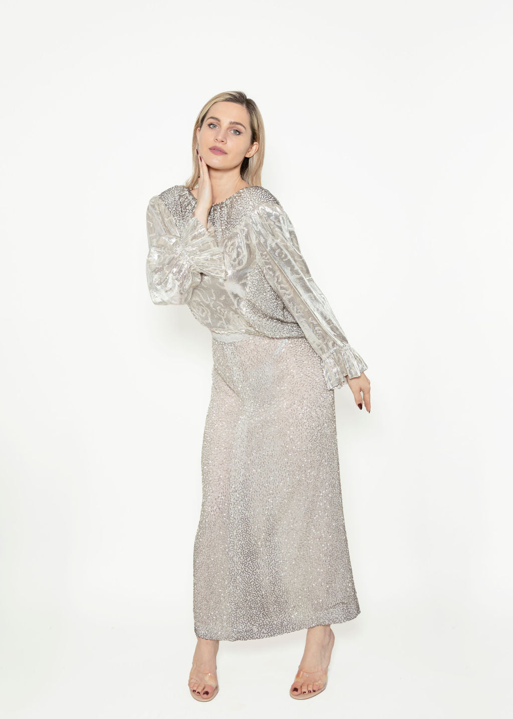 Silver Metallic & White Beaded Pencil Skirt Set - The Kit Vintage