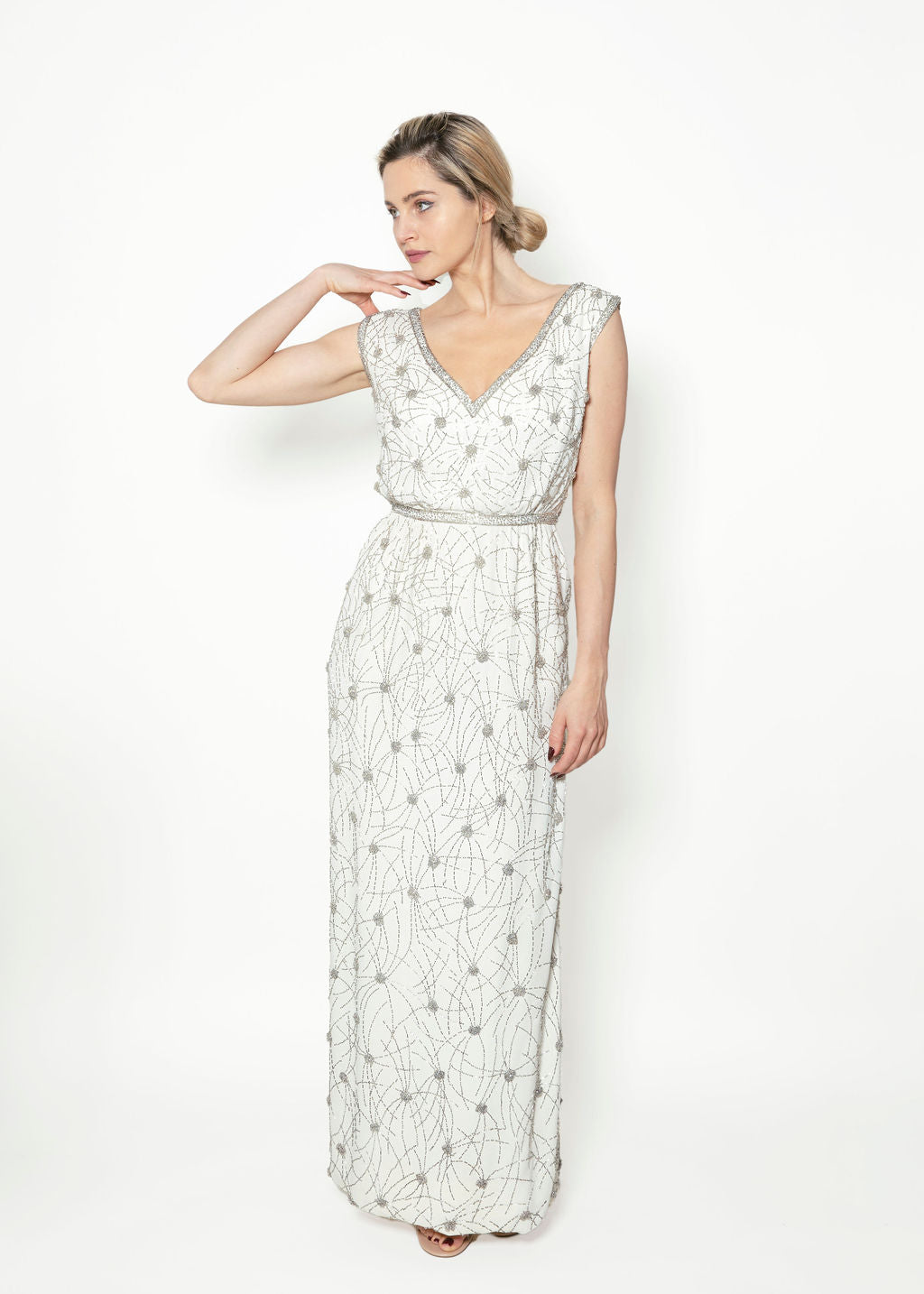 1960's White Beaded V Neck Gown