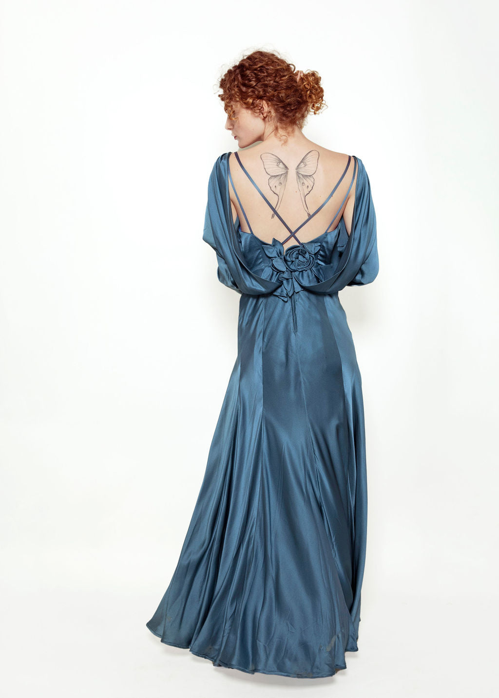 Blue Silk Gown with Back Rosettes - The Kit Vintage