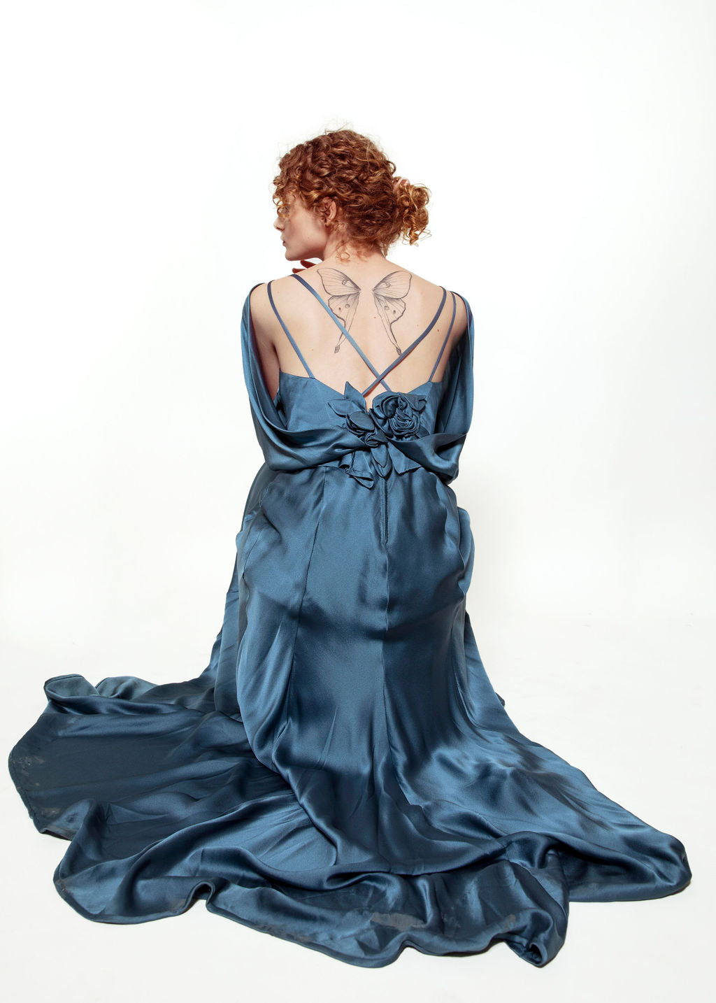 Blue Silk Gown with Back Rosettes