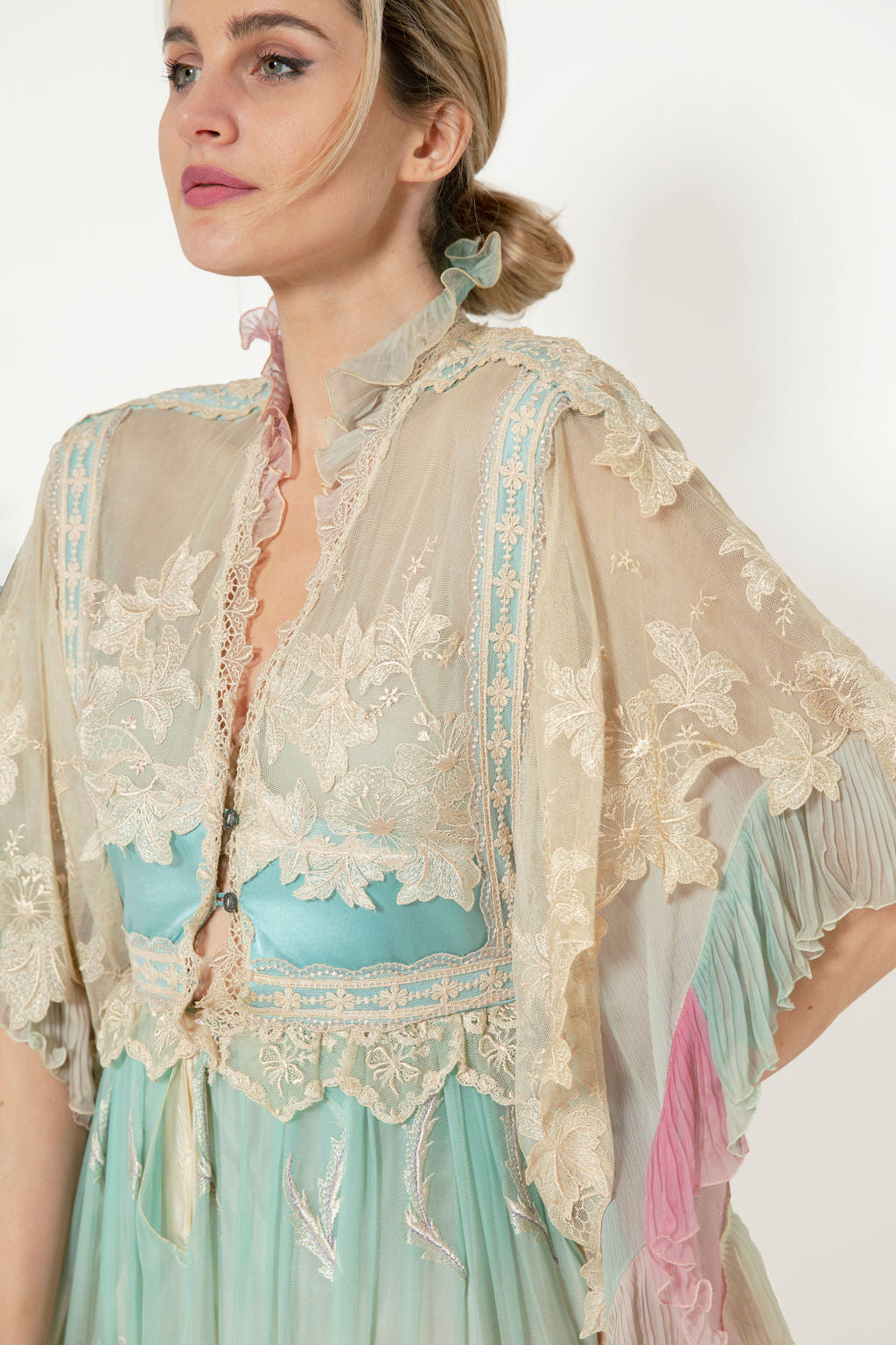1970's Saks Fifth Ave Angel Sleeve Embroidered Dress