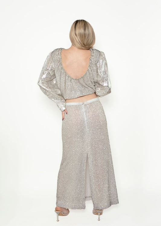 Silver Metallic & White Beaded Pencil Skirt Set - The Kit Vintage
