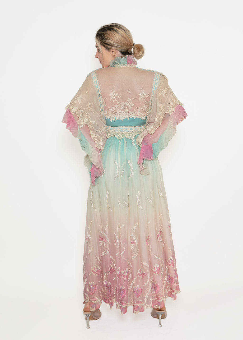 1970's Saks Fifth Ave Angel Sleeve Embroidered Dress