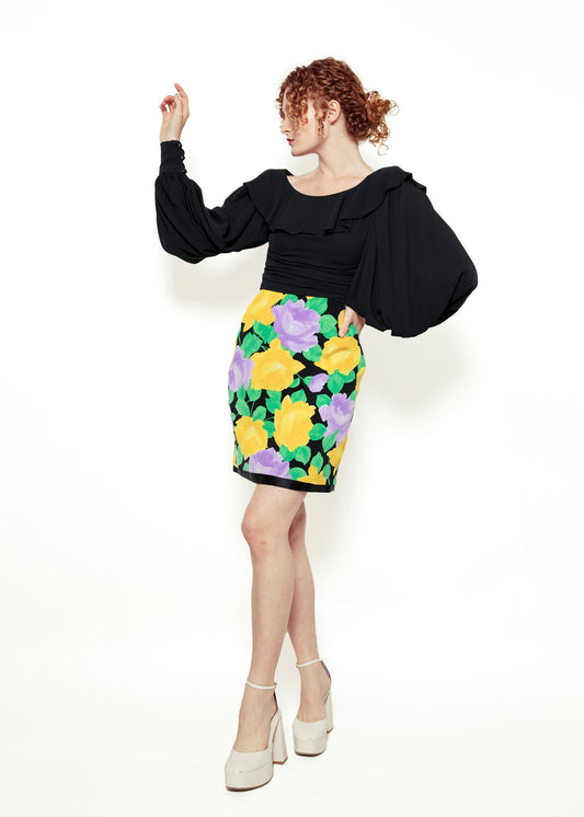 Galanos Black & Floral Silk Balloon Sleeve Cocktail Dress - The Kit Vintage