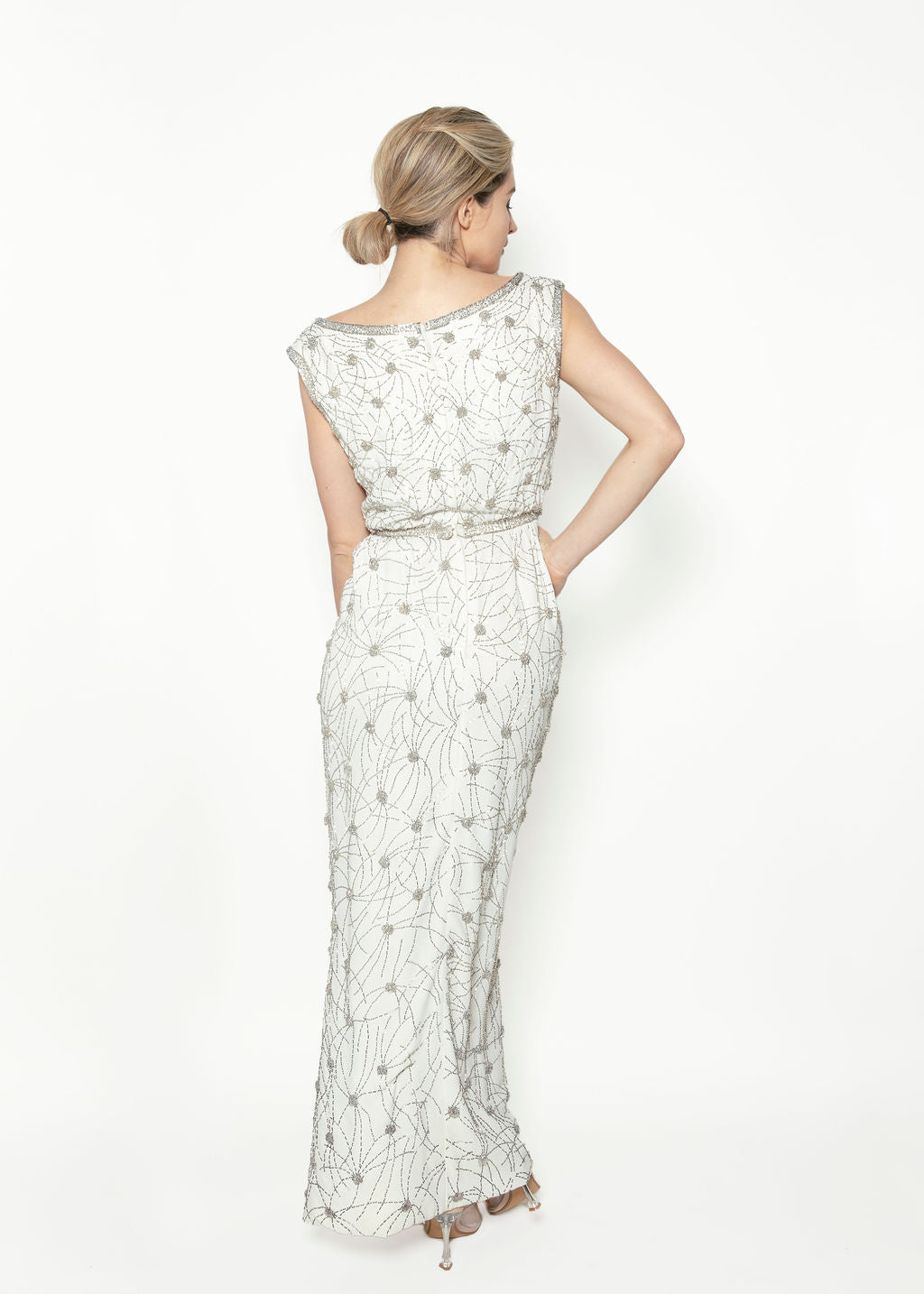 1960's White Beaded V Neck Gown