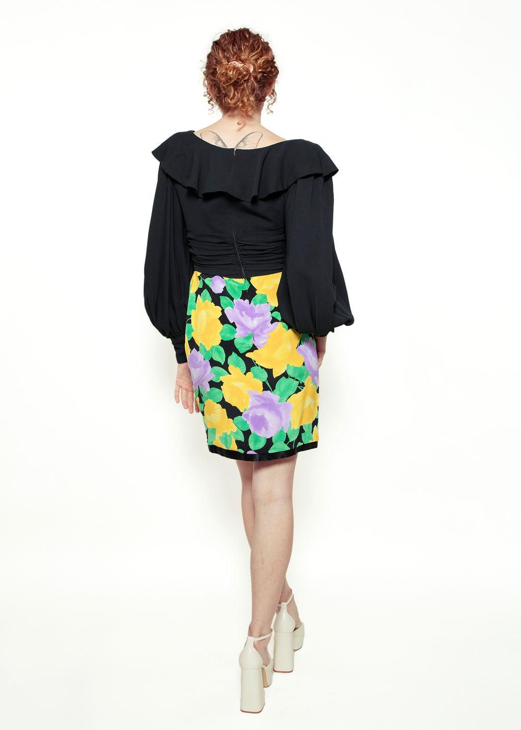 Galanos Black & Floral Silk Balloon Sleeve Cocktail Dress
