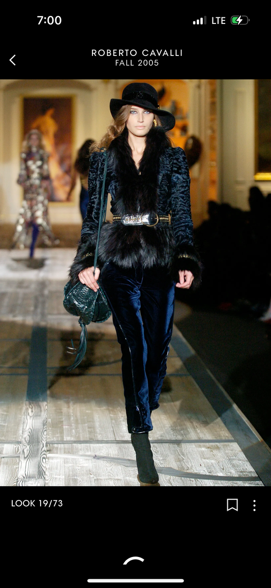 Model walking on a runway wearing a dark outfit with fur details, part of Roberto Cavalli's Fall 2005 collection.