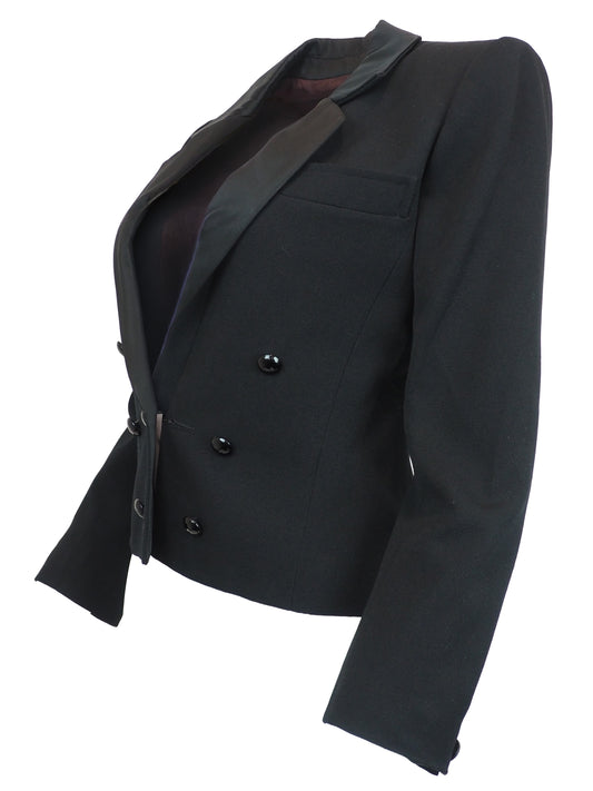 A vintage saint laurent black double-breasted blazer with satin peak lapels