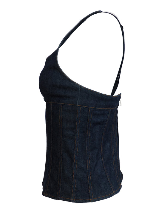 A vintage Valentino dark blue denim camisole top with a corset-style front panel and thin shoulder straps
