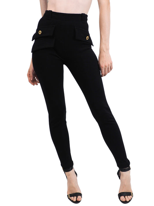 Black vintage Versace high-waisted skinny pants with flap pockets and gold medusa button details