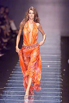 Vintage Documented Gianni Versace S/S 2000 Runway Finale Gown, Magenta Palm Print Halter with Jeweled Waistline and Open Back - The Kit Vintage