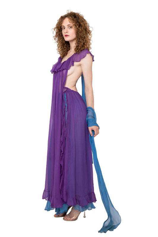 vintage yves saint laurent maxi dress fro 1980, 80s, runway, designer, purple, blue, formal gown
