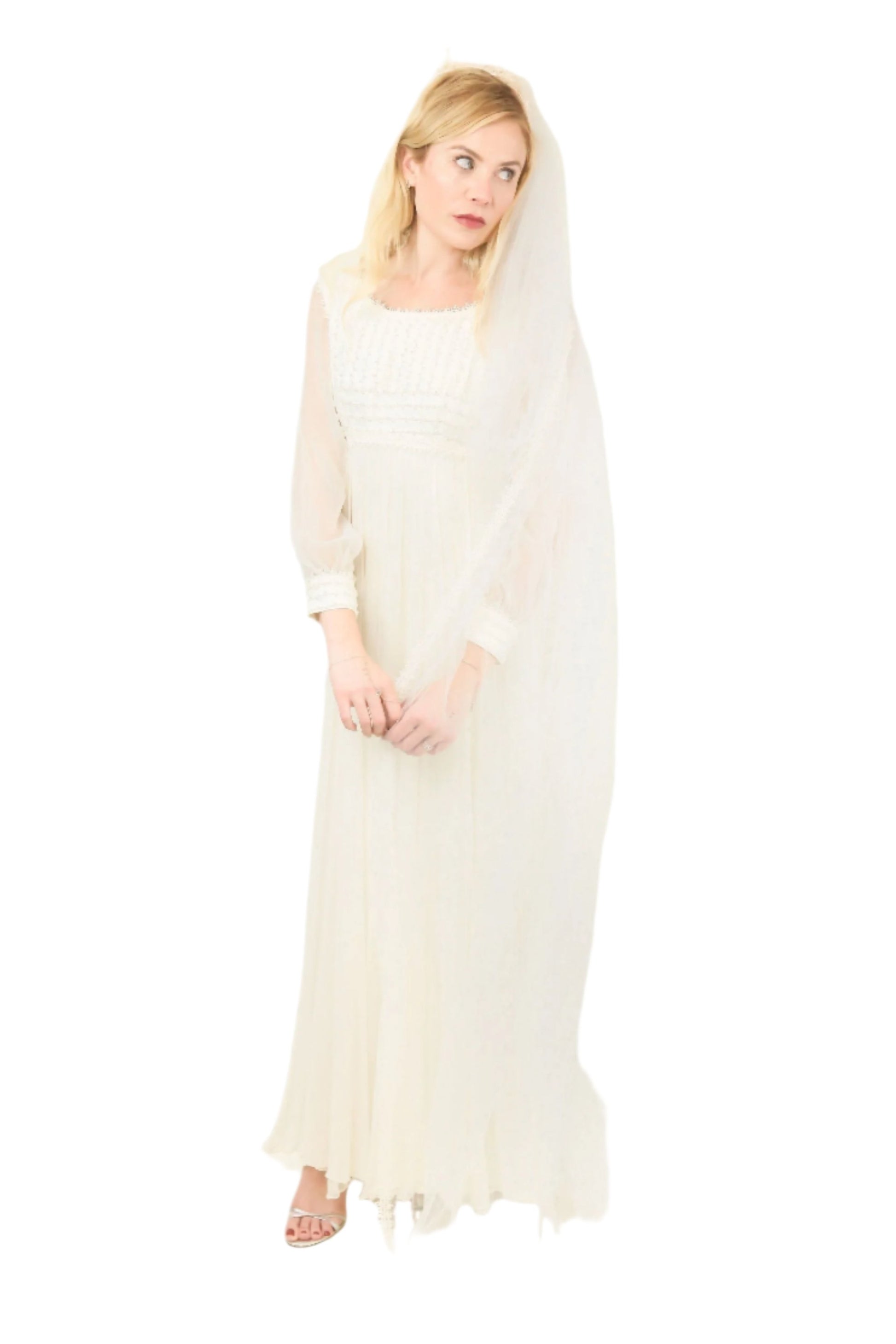 1970's Vintage Pearl Bodice Chiffon Gown - The Kit Vintage