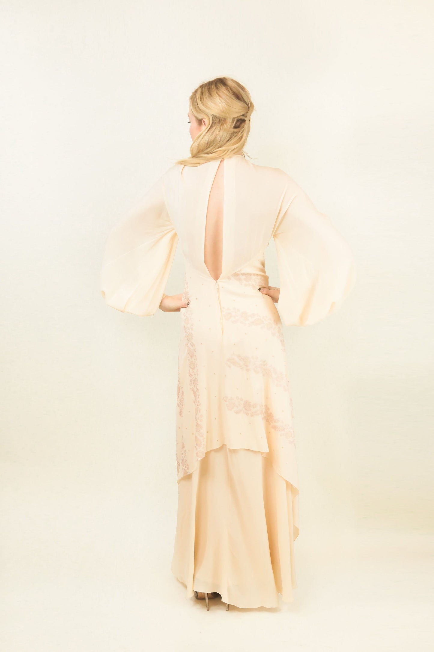1970's Embroidered & Bishop Sleeve Silk Gown - The Kit Vintage