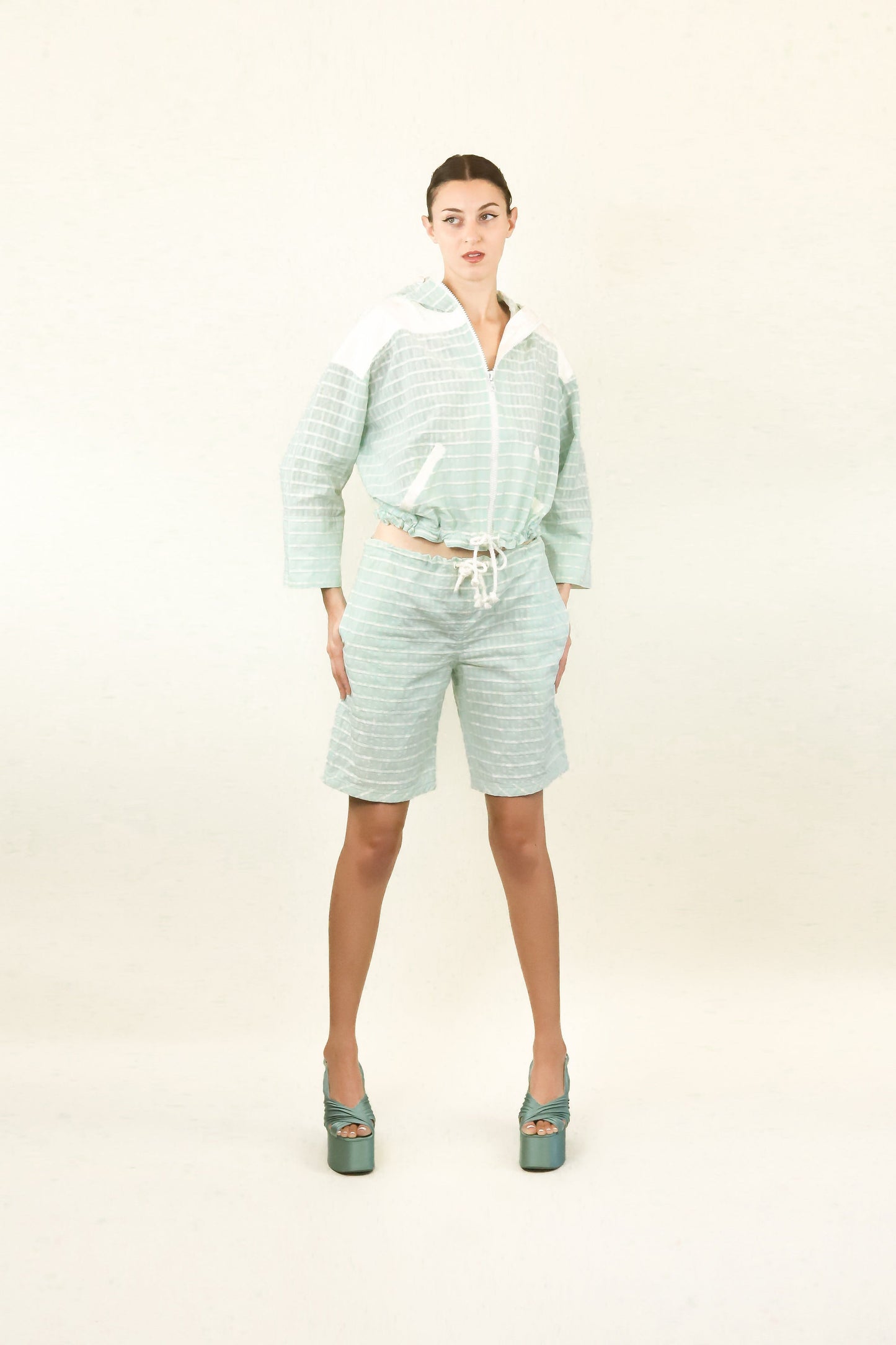 Courreges c. 1980's Sky Blue Shorts & Cropped Windbreaker