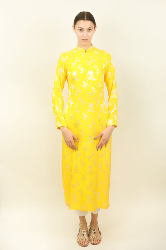 Yellow Silk Jacquard Cheongsam - The Kit Vintage