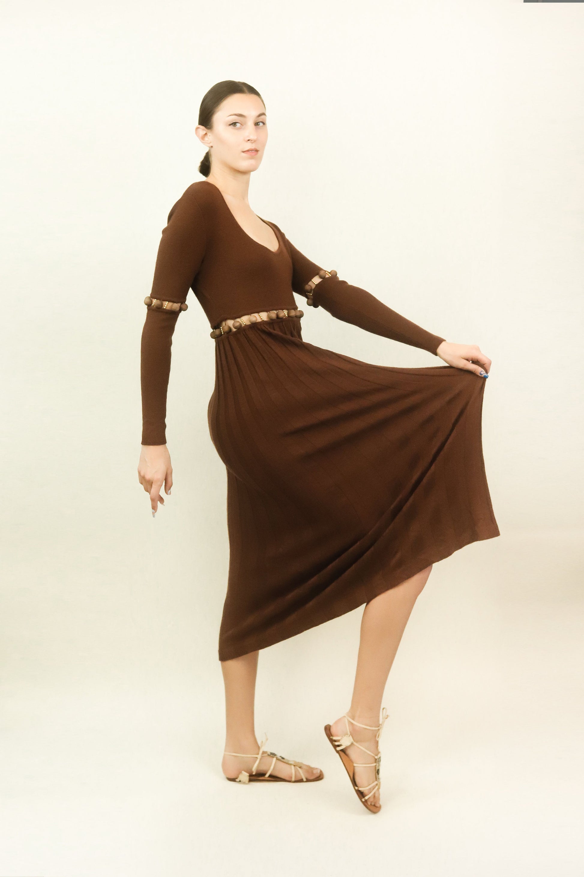 Laura Biagiotti Brown Knit Cut Out Beaded Dress - The Kit Vintage