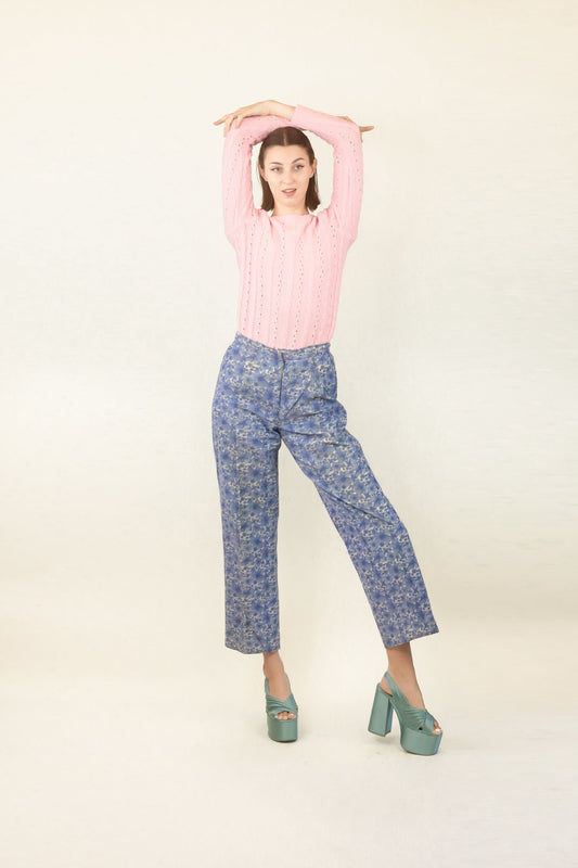 Courreges c.1970's Blue Floral Corduroy Pant - The Kit Vintage