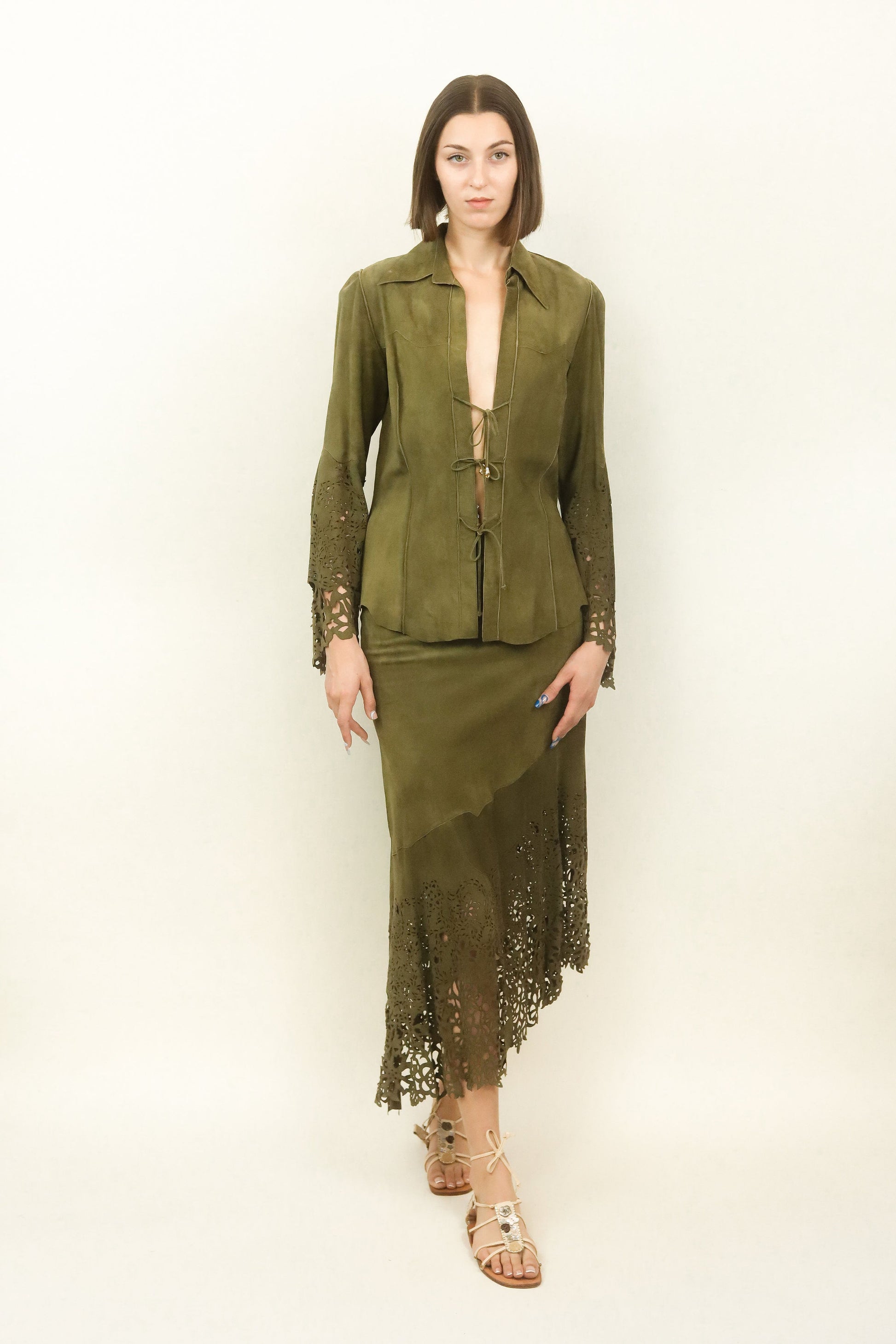 Roberto Cavalli Cut Out Suede Skirt & Top Set - The Kit Vintage