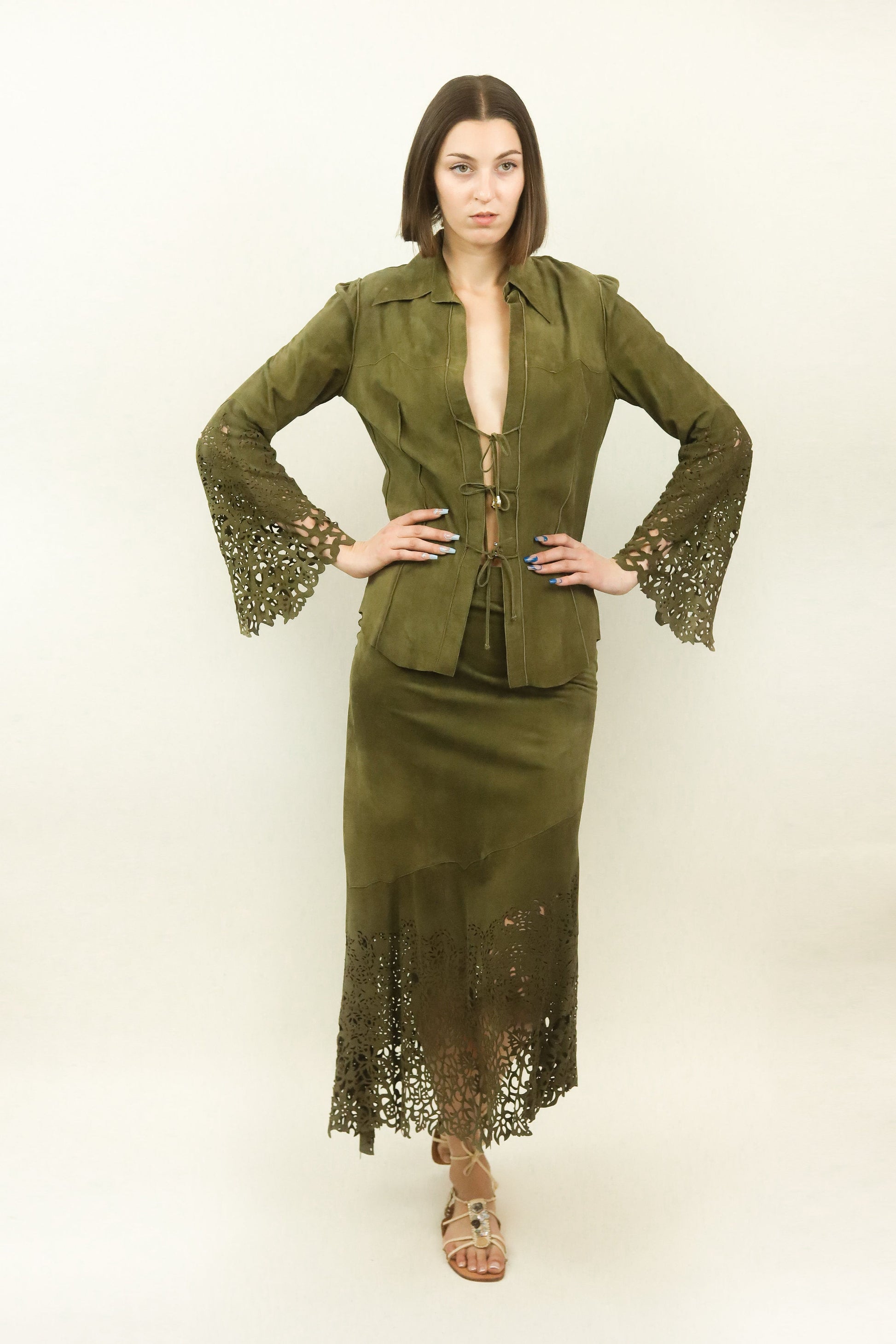 Roberto Cavalli Cut Out Suede Skirt & Top Set - The Kit Vintage