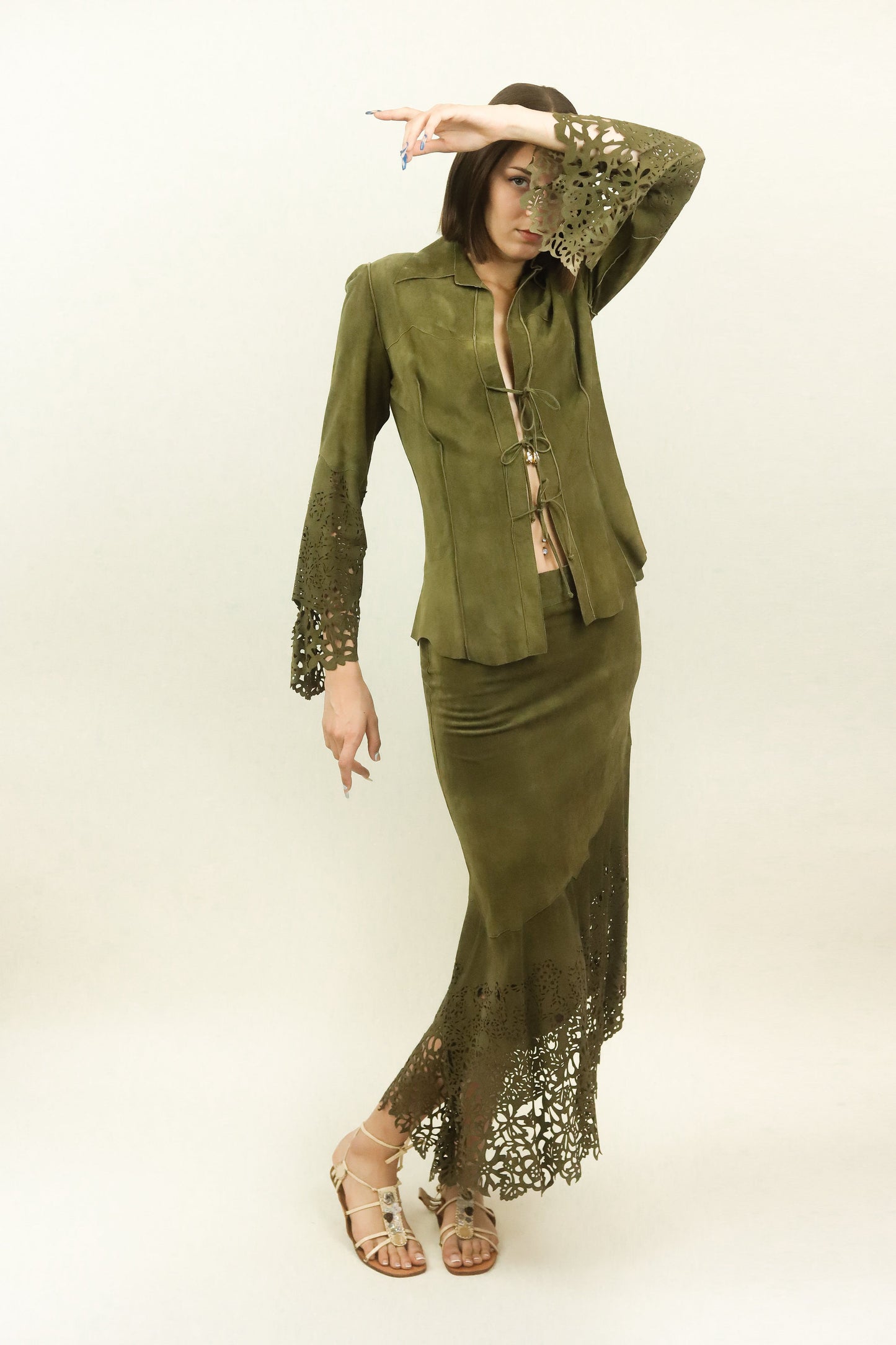 Roberto Cavalli Cut Out Suede Skirt & Top Set - The Kit Vintage