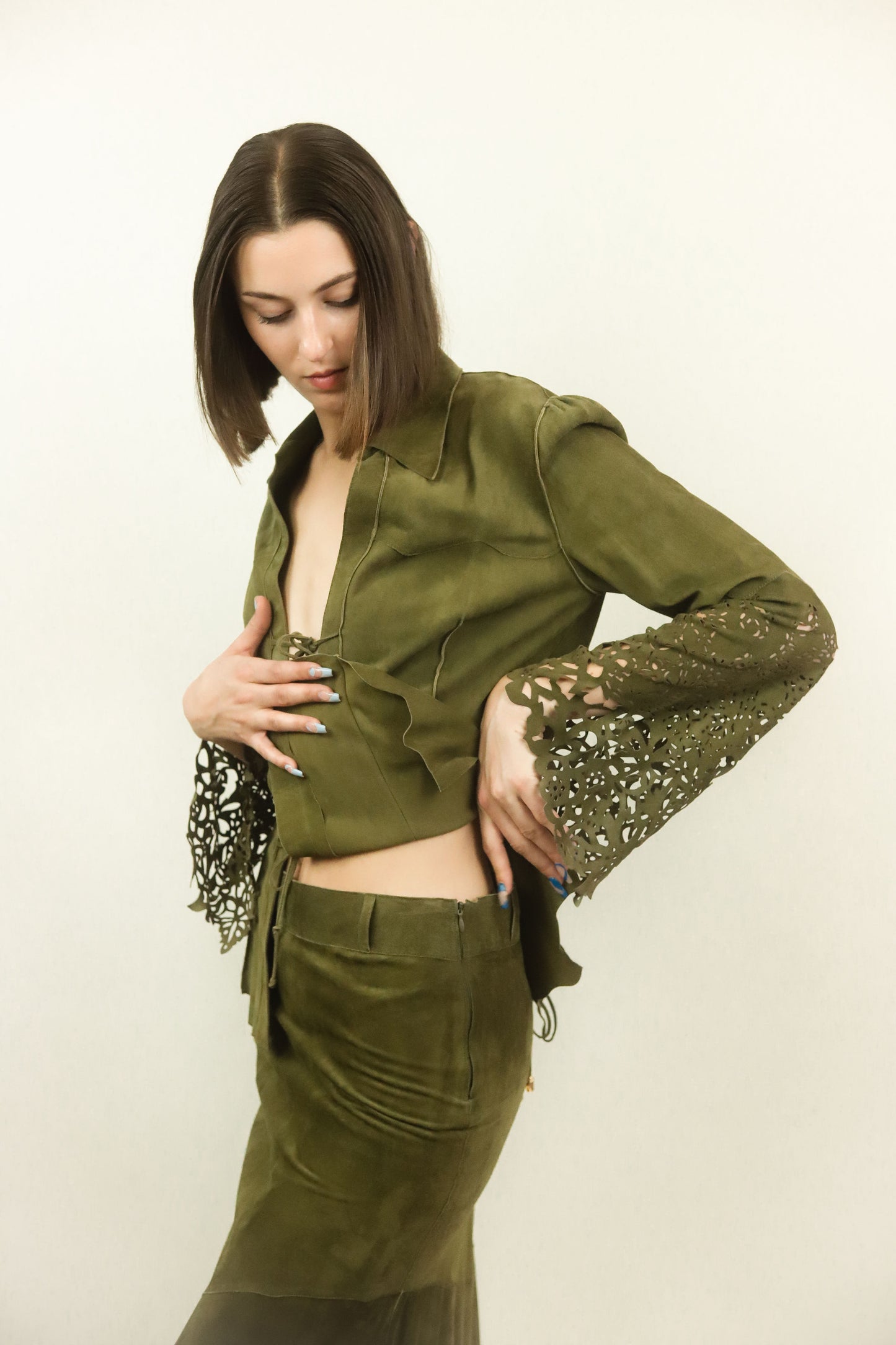 Roberto Cavalli Cut Out Suede Skirt & Top Set - The Kit Vintage