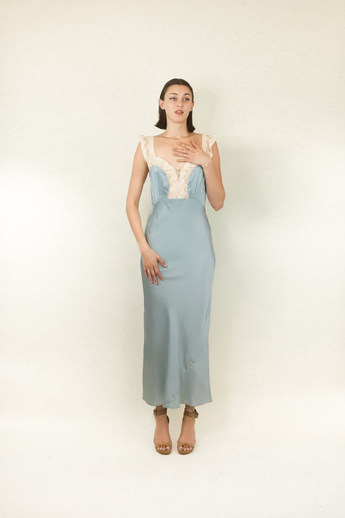 Blue Silk and Lace Slip Dress