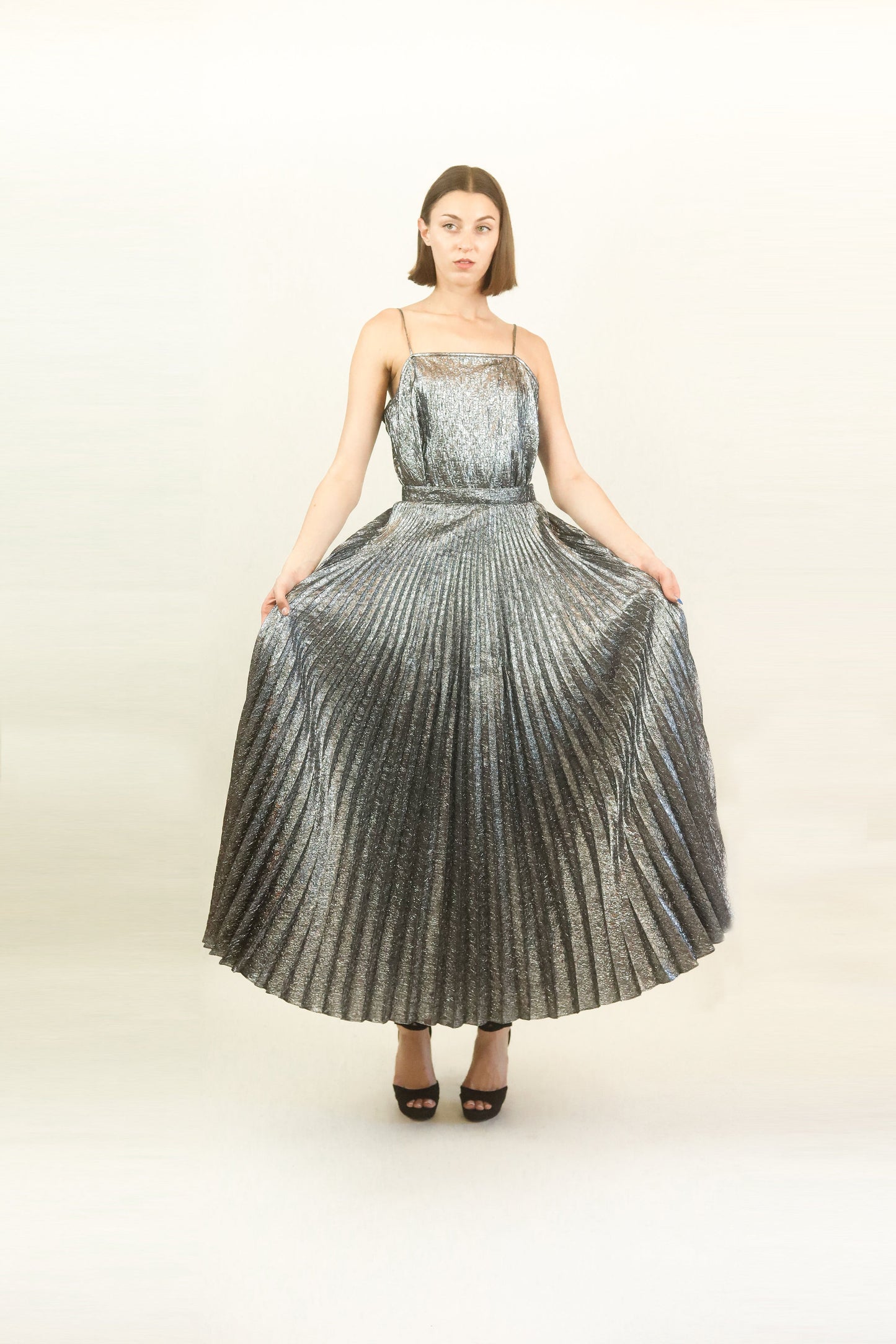 Adolfo Liquid Silver Skirt Set