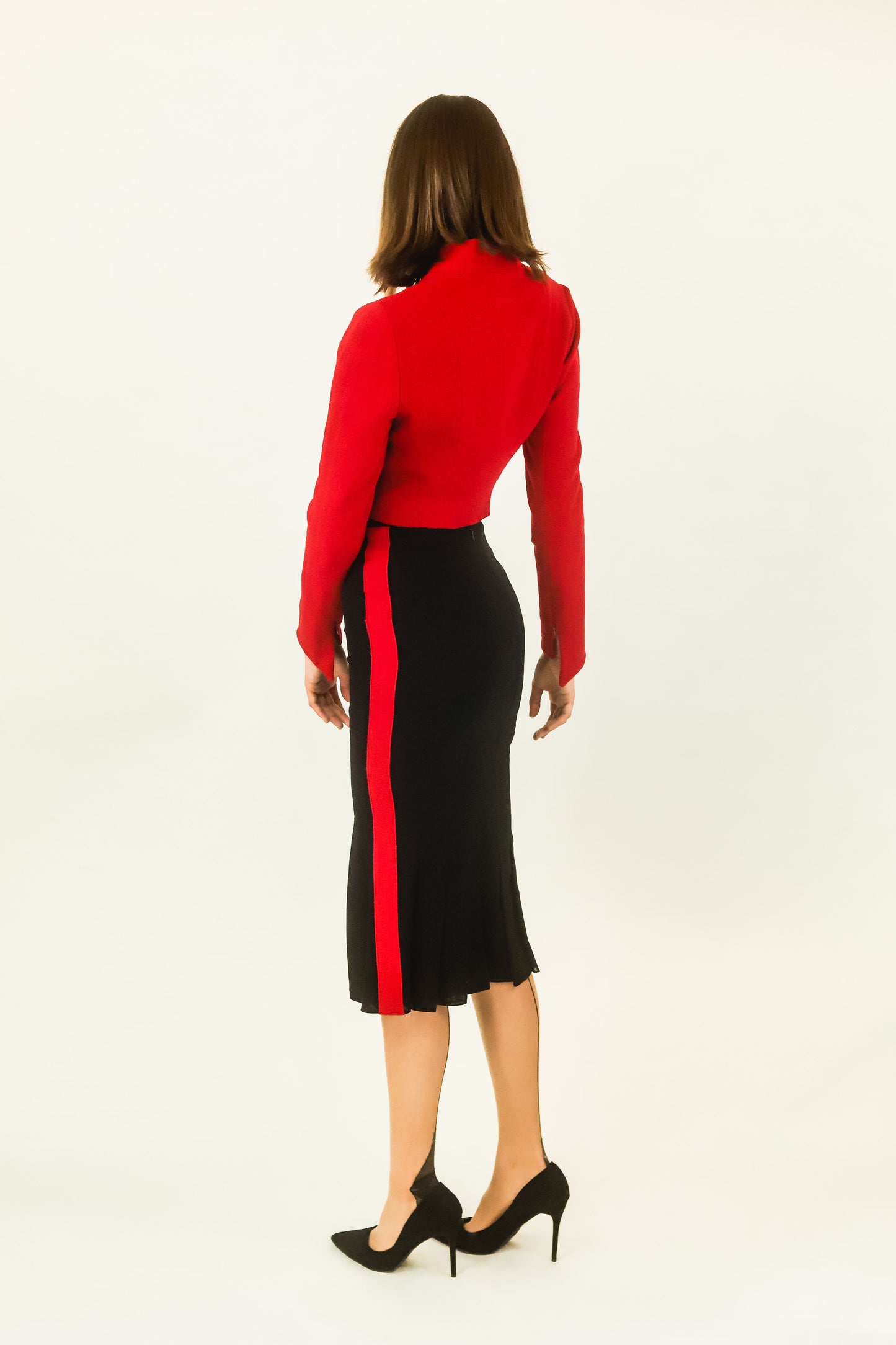 Karl Lagerfeld Red & Black Color Block Skirt Suit