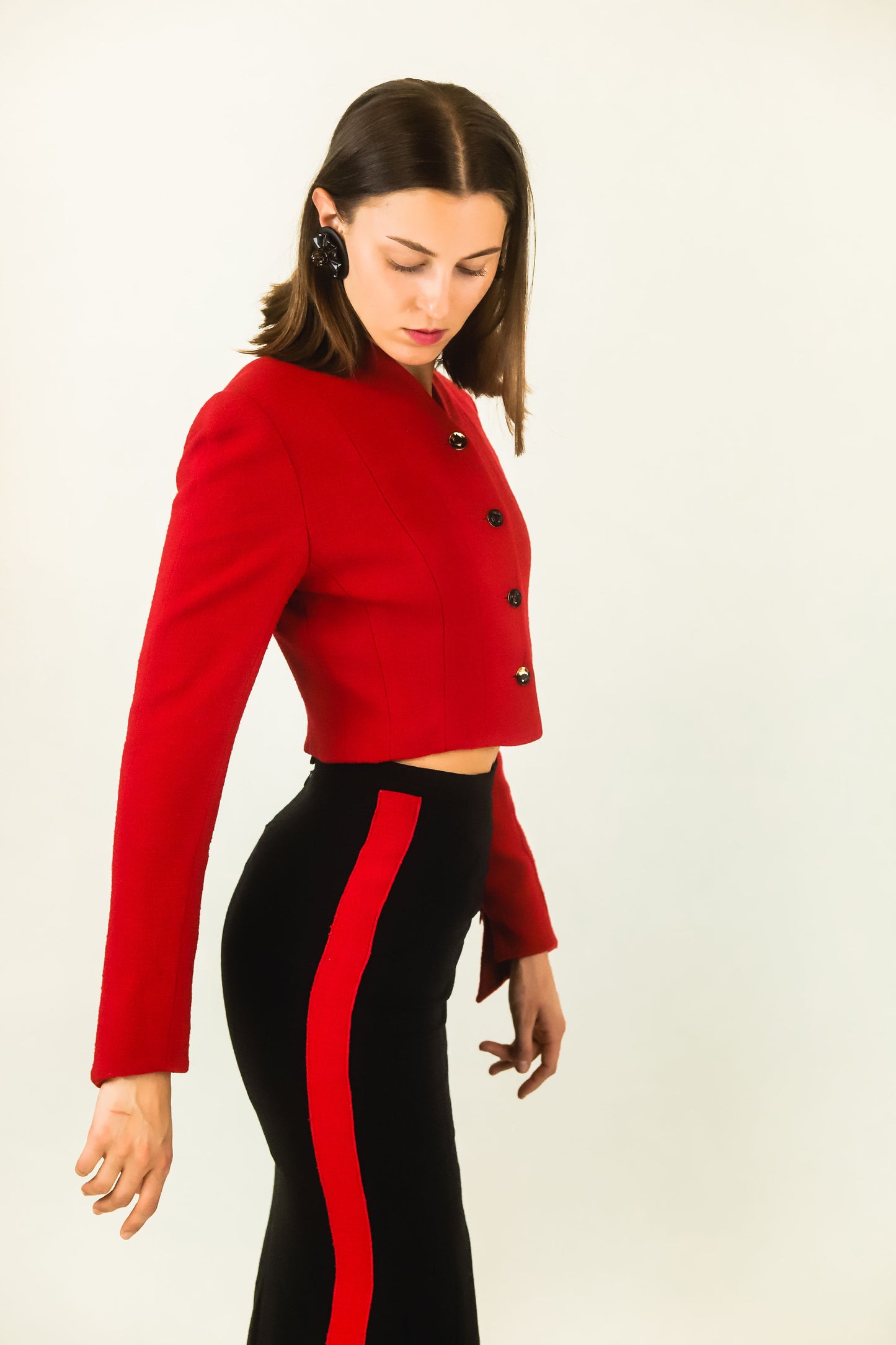 Karl Lagerfeld Red & Black Color Block Skirt Suit