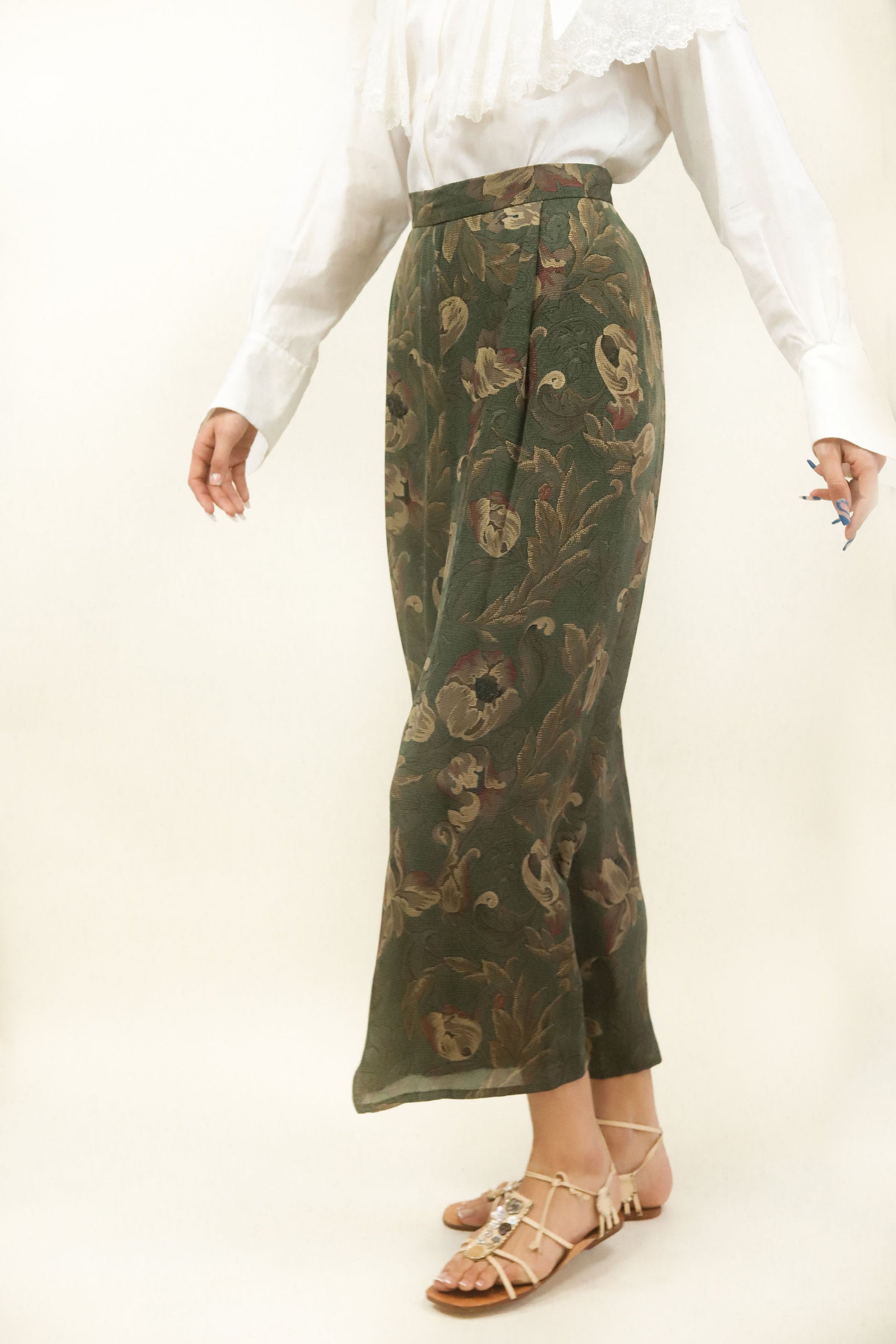 80's Olive Green Silk Floral Pants - The Kit Vintage