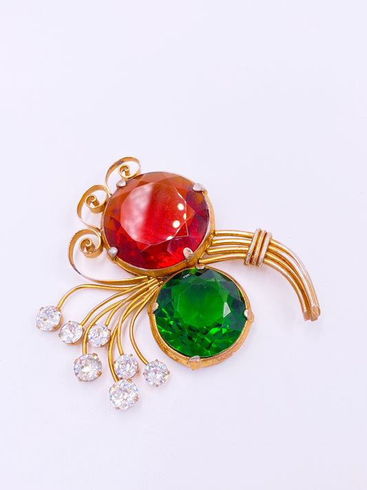 Leo Glass Red and Green Large Crystal Brooch - The Kit Vintage