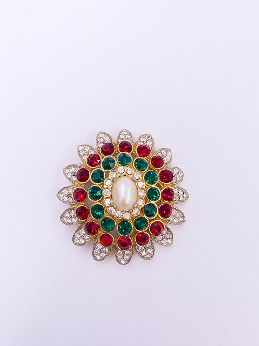 Kenneth Jane Lane Red & Green Crystal Floral Brooch - The Kit Vintage