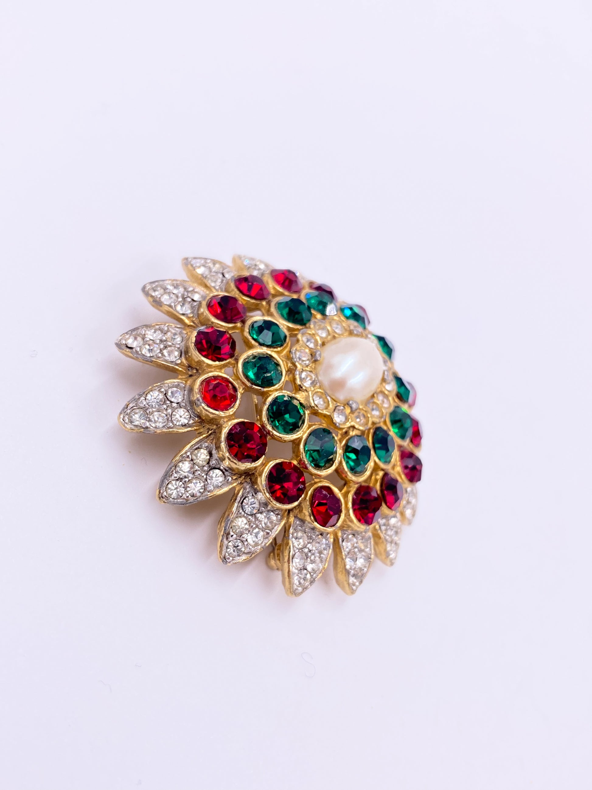 Kenneth Jane Lane Red & Green Crystal Floral Brooch - The Kit Vintage