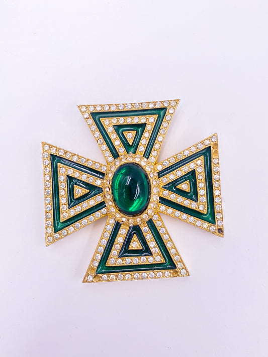 Galanos Maltese Cross Emerald Crystal Brooch - The Kit Vintage