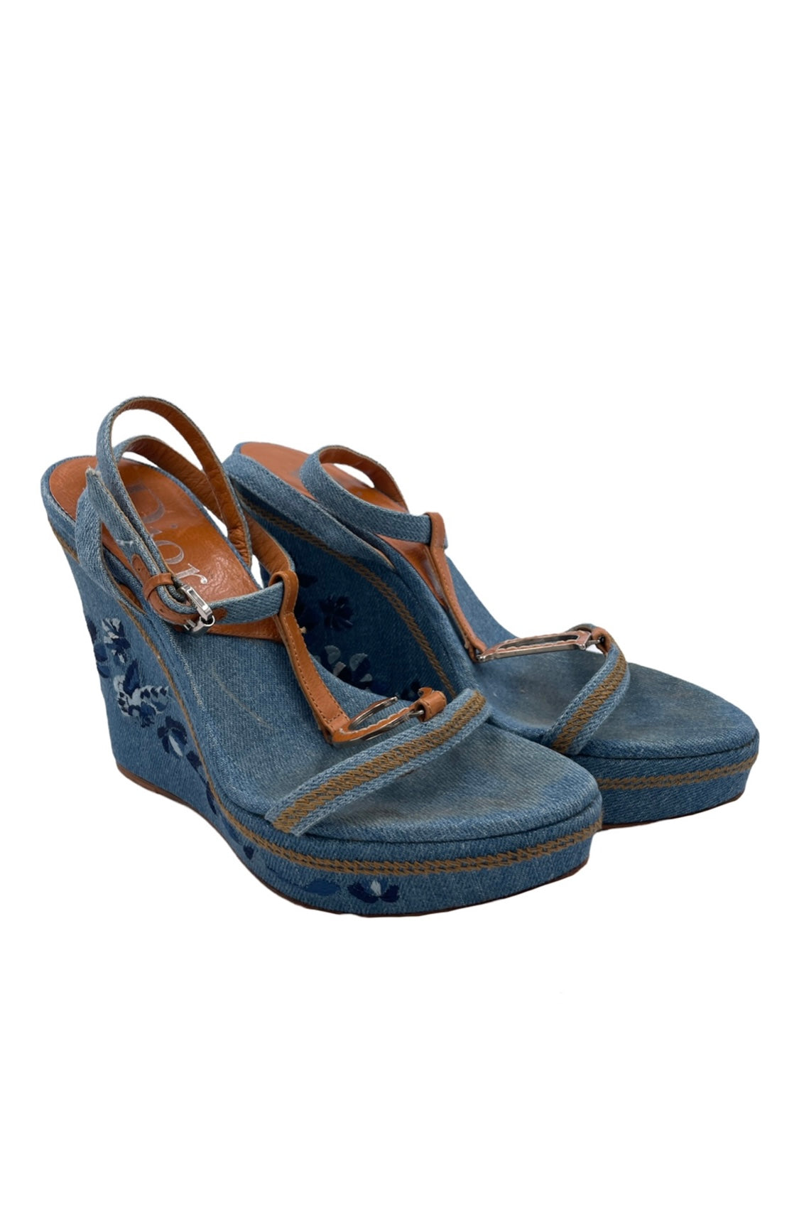 Dior Denim Embroidered Wedge Heels - The Kit Vintage
