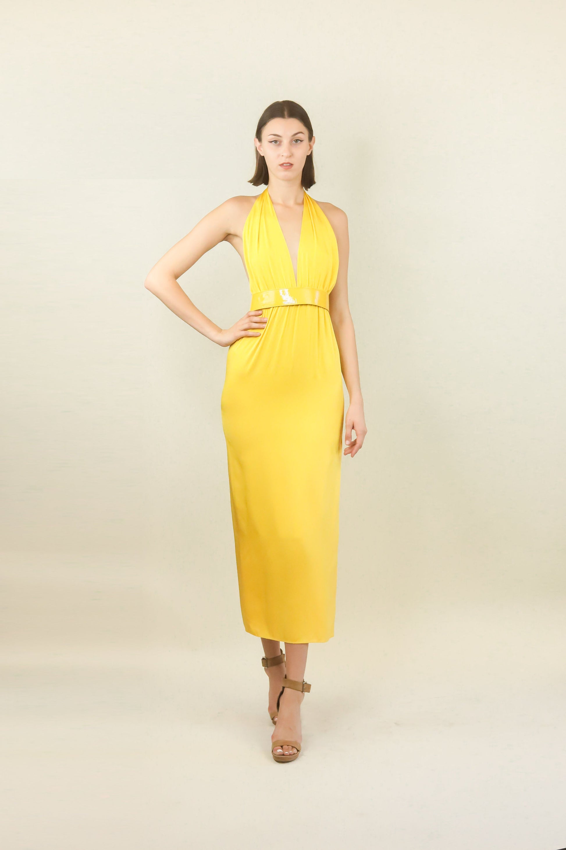 Yellow 70's Halter Dress with Belt - The Kit Vintage