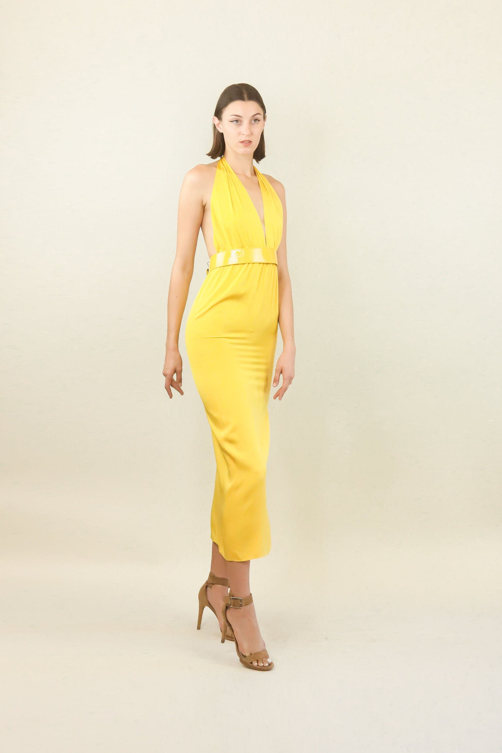 Yellow 70's Halter Dress with Belt - The Kit Vintage