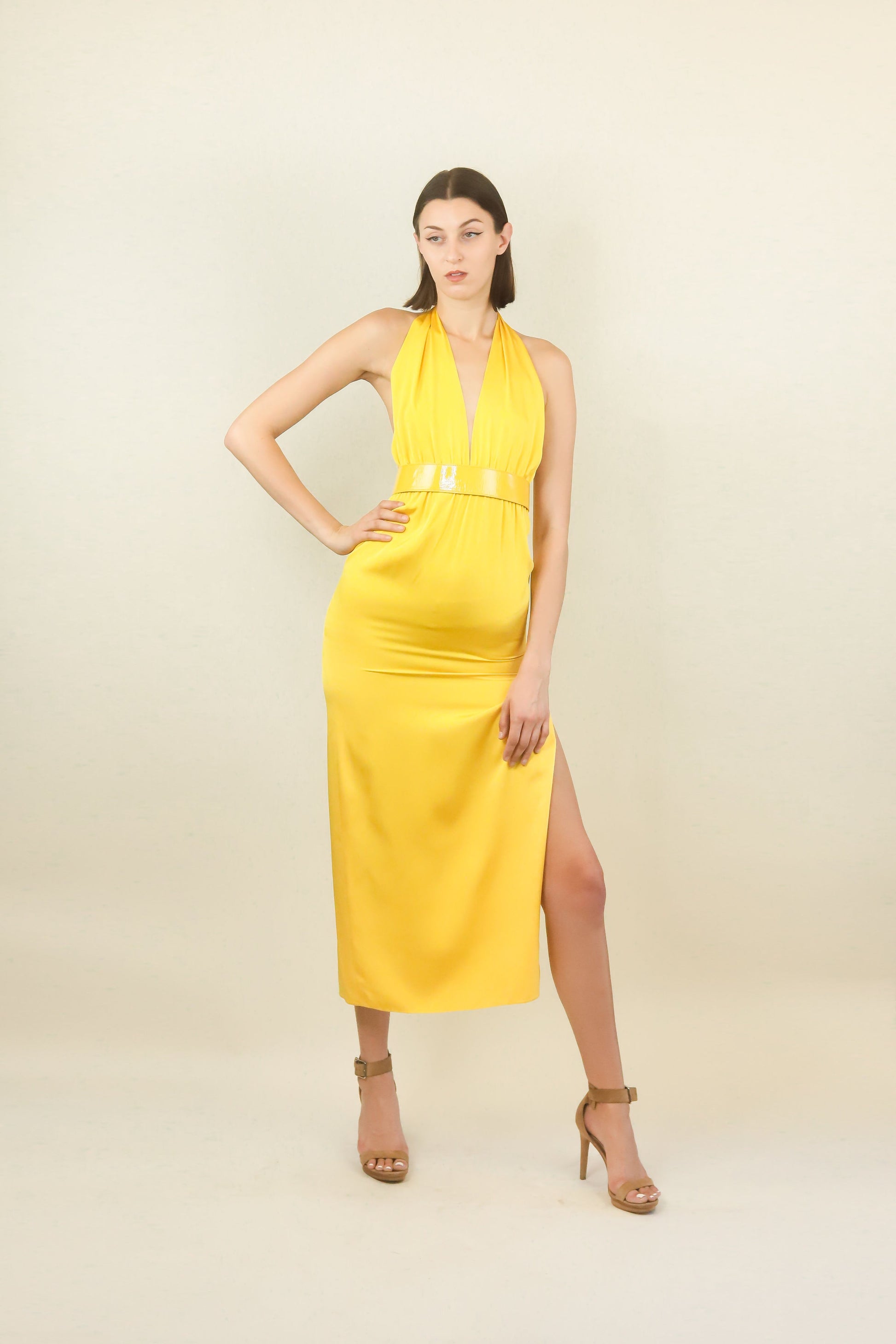Yellow 70's Halter Dress with Belt - The Kit Vintage