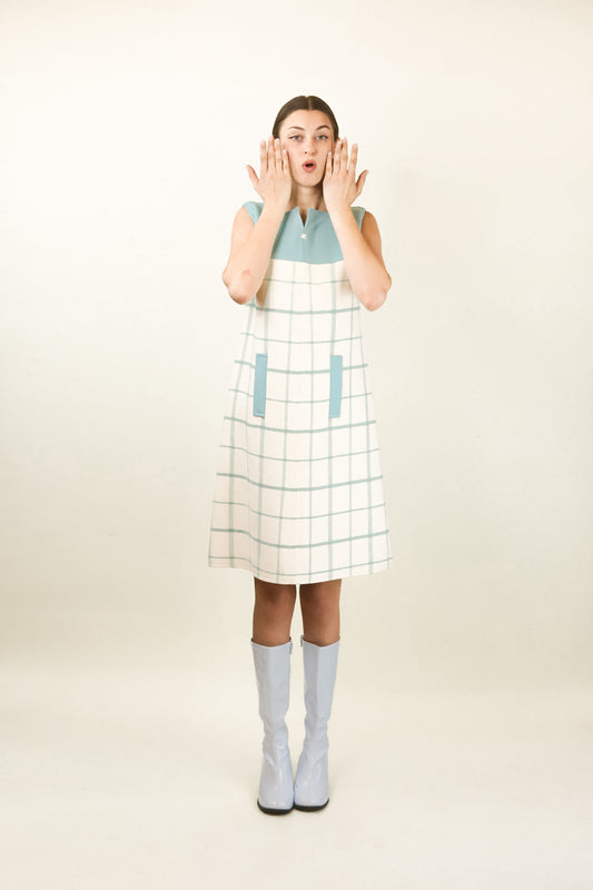 Courreges c. 1980's Sky Blue Plaid Mini Dress - The Kit Vintage