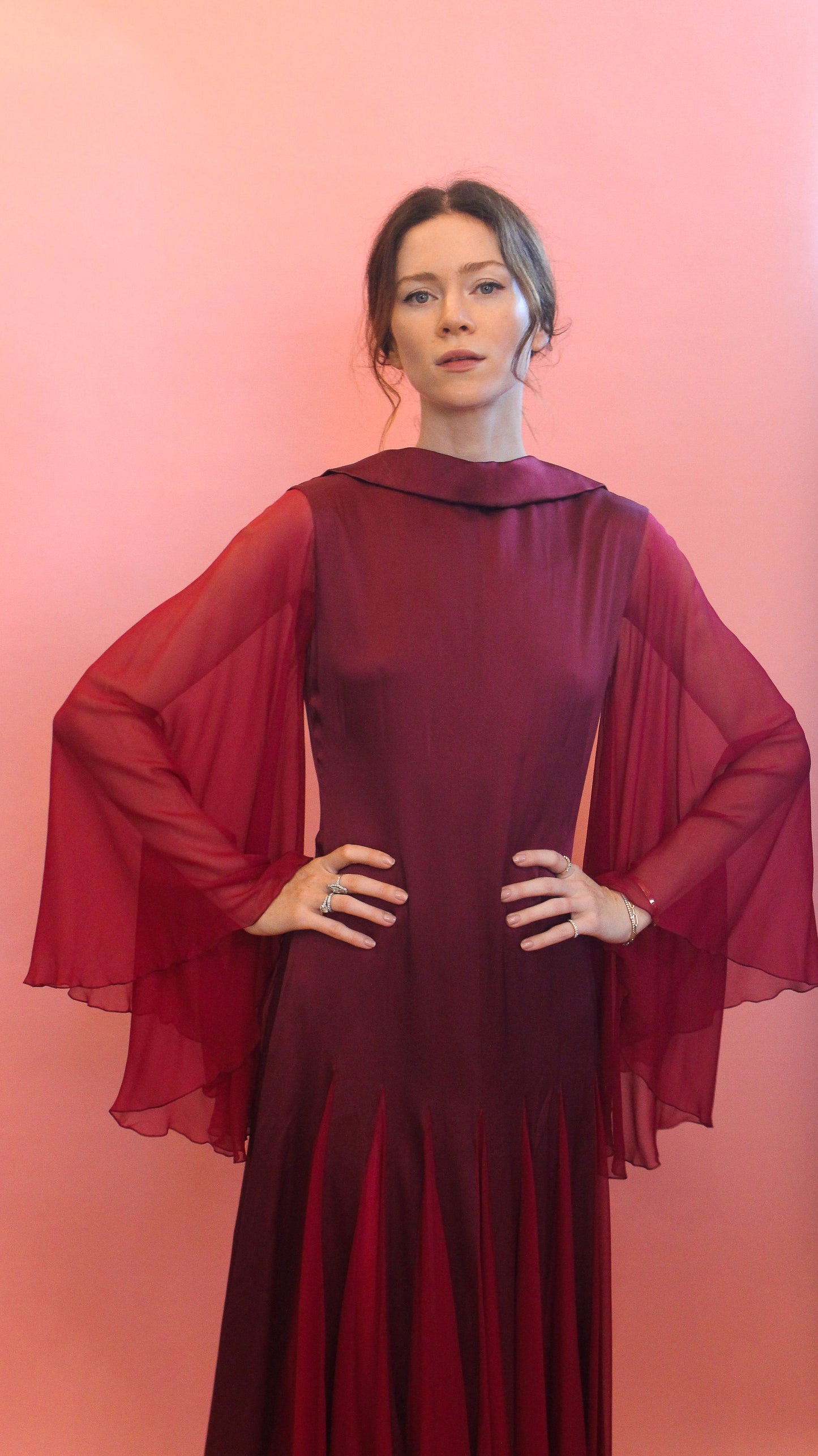 Stavropoulos Burgundy Chiffon Bell Sleeve Gown - The Kit Vintage