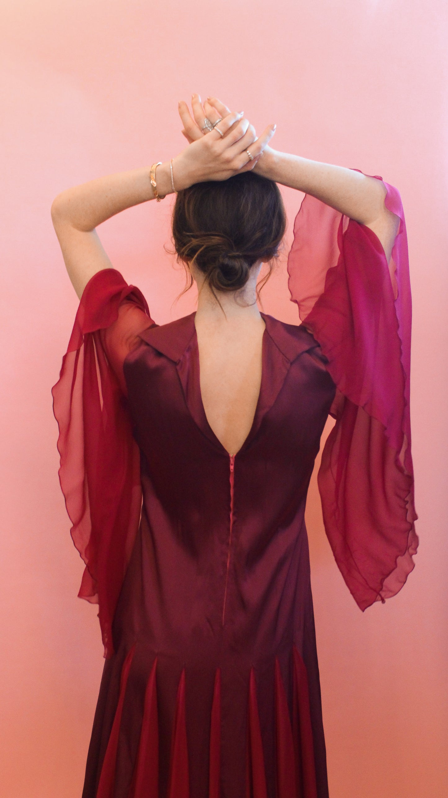 Stavropoulos Burgundy Chiffon Bell Sleeve Gown - The Kit Vintage