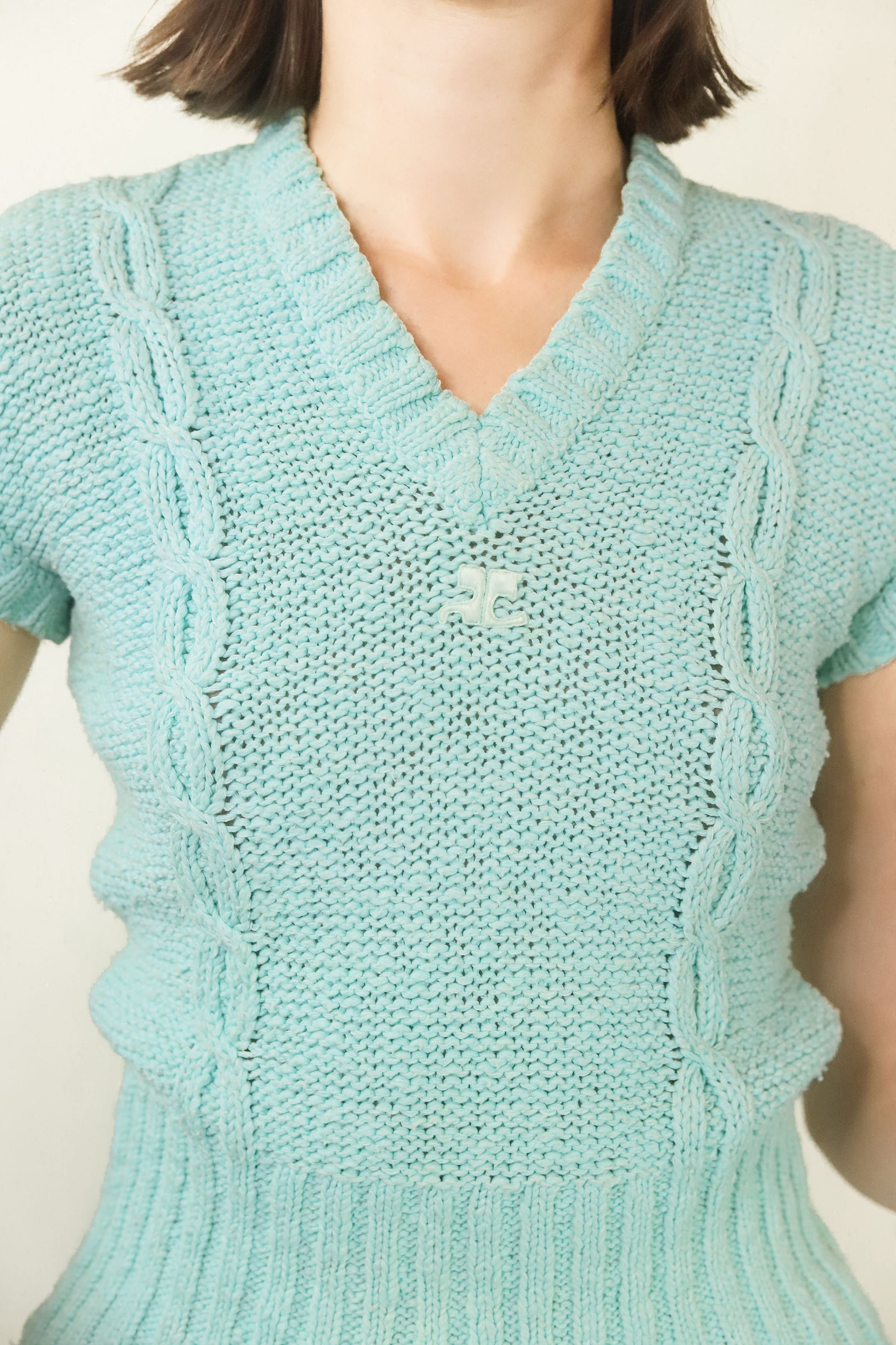 Courreges c. 1970's Seafoam Green V Neck S/S Sweater - The Kit Vintage