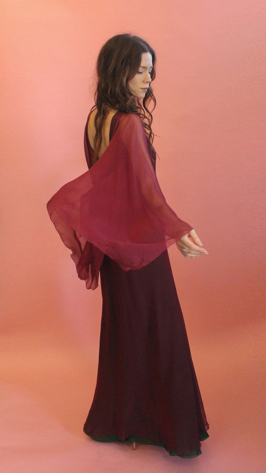 Stavropoulos Burgundy and Green Chiffon Gown - The Kit Vintage