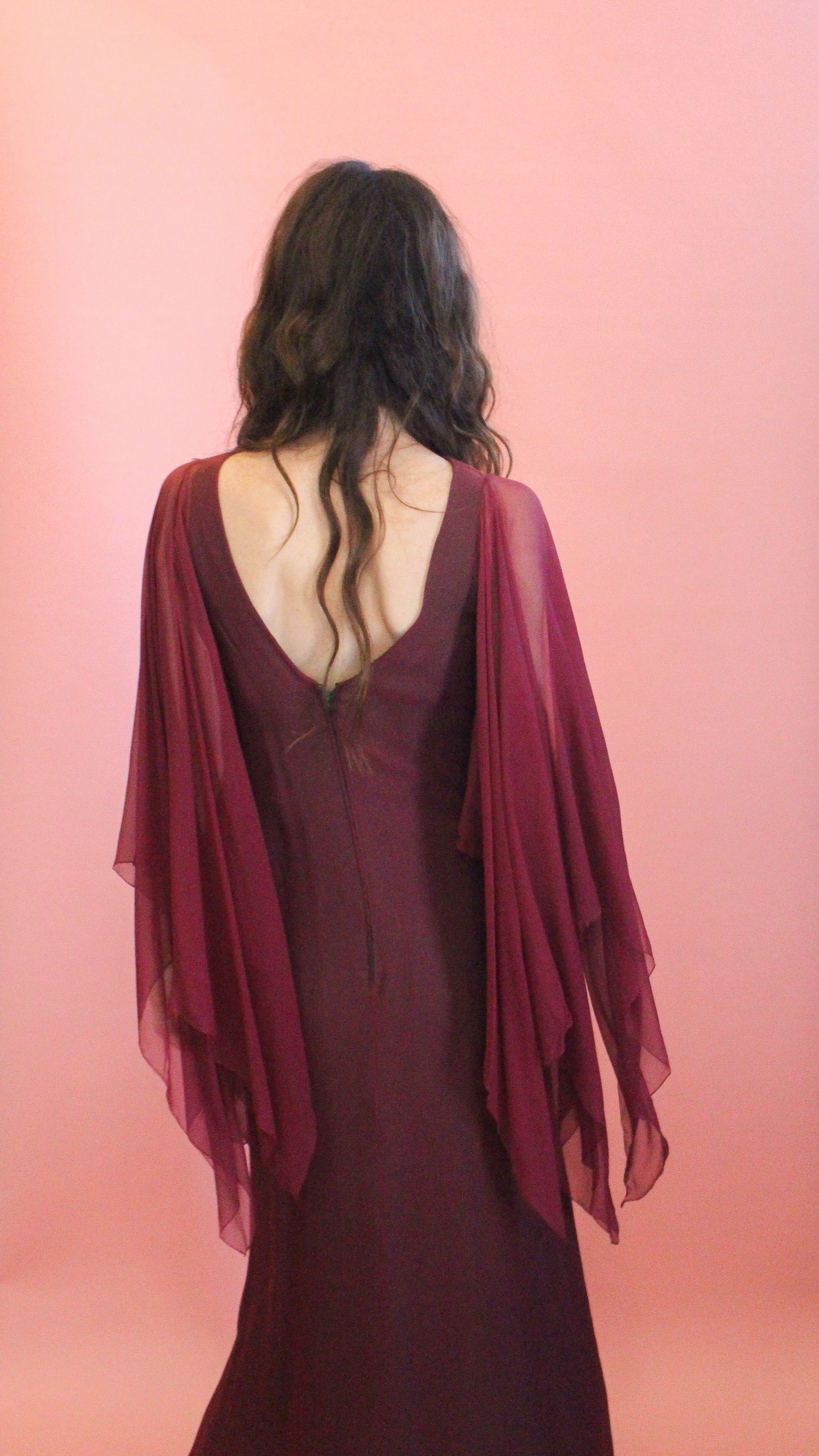 Stavropoulos Burgundy and Green Chiffon Gown - The Kit Vintage