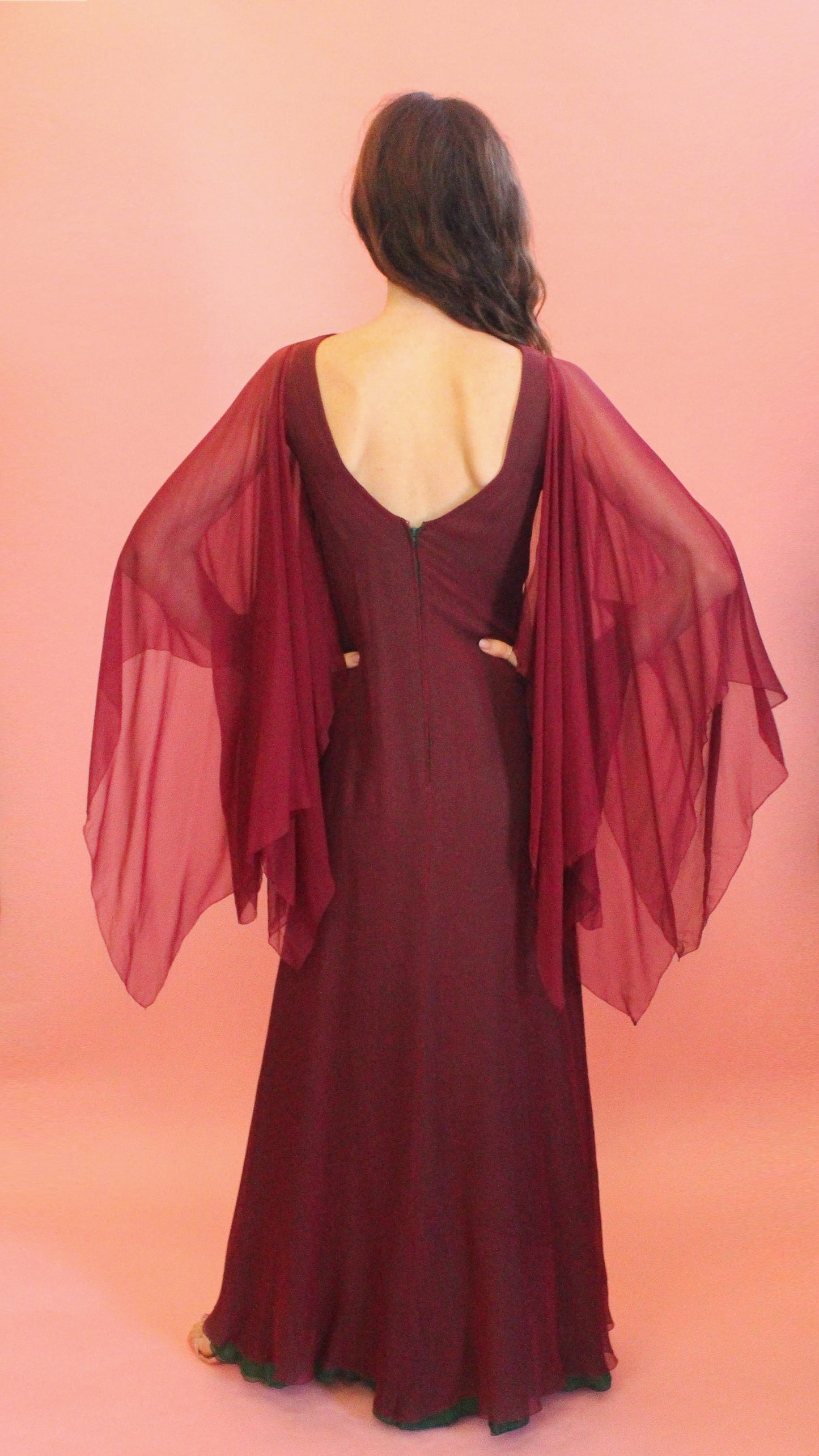 Stavropoulos Burgundy and Green Chiffon Gown - The Kit Vintage