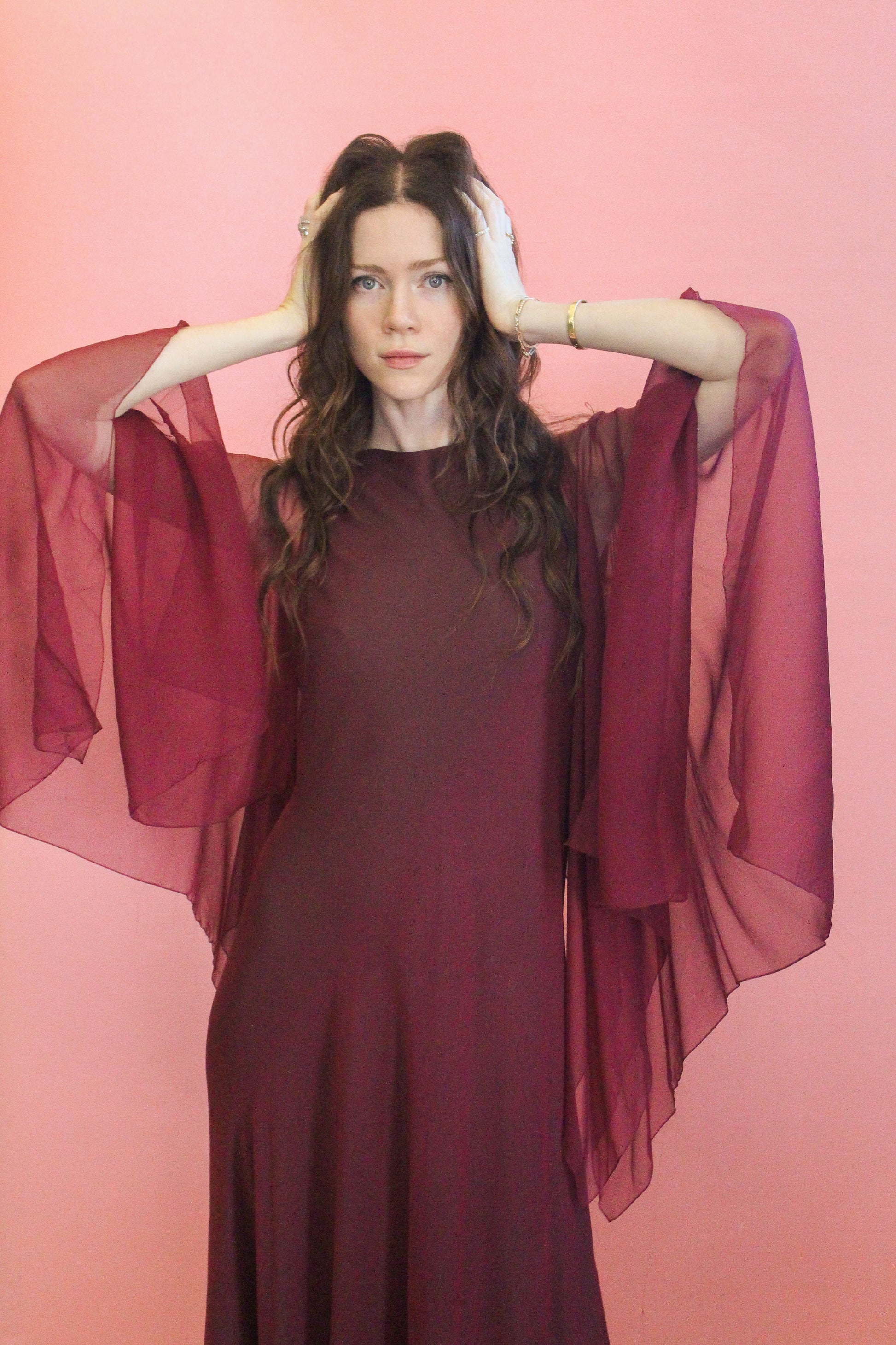 Stavropoulos Burgundy and Green Chiffon Gown - The Kit Vintage